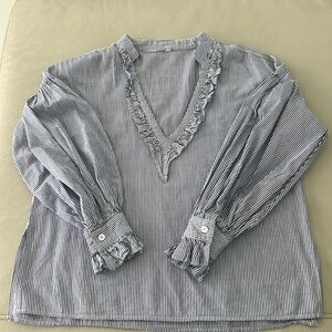 Blue Vertical Striped Deep V neck Ruffle Blouse